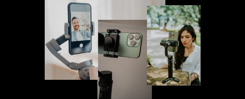 Tre billeder af personer, der bruger en gimbal. En gimbal giver dig mulighed for at få jævne optagelser, der ser super professionelle ud.